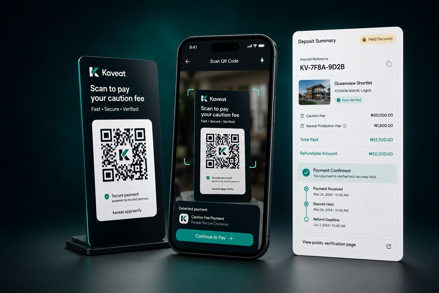 Kaveat deposit payment and verification mockup