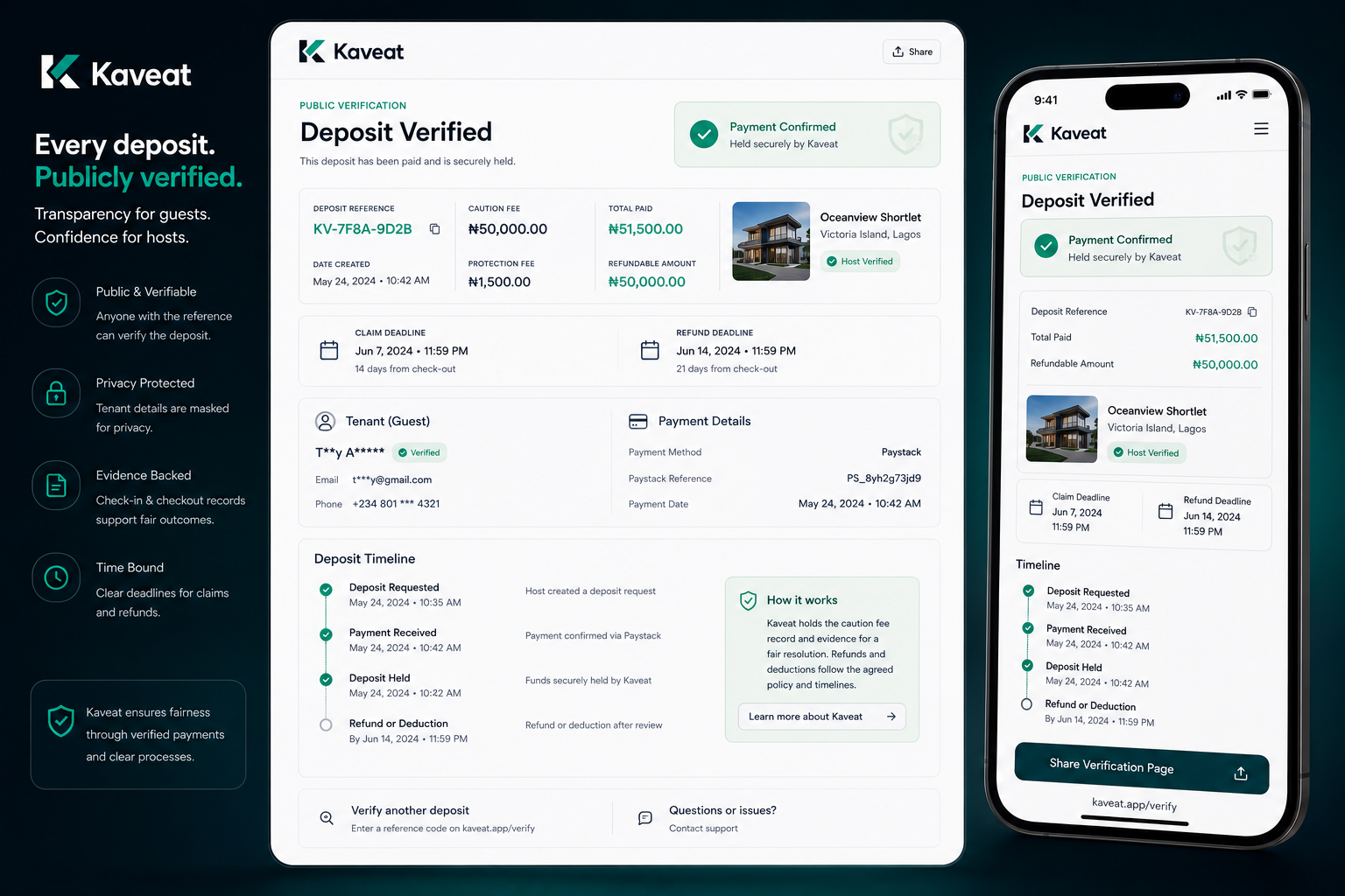 Kaveat public deposit verification page